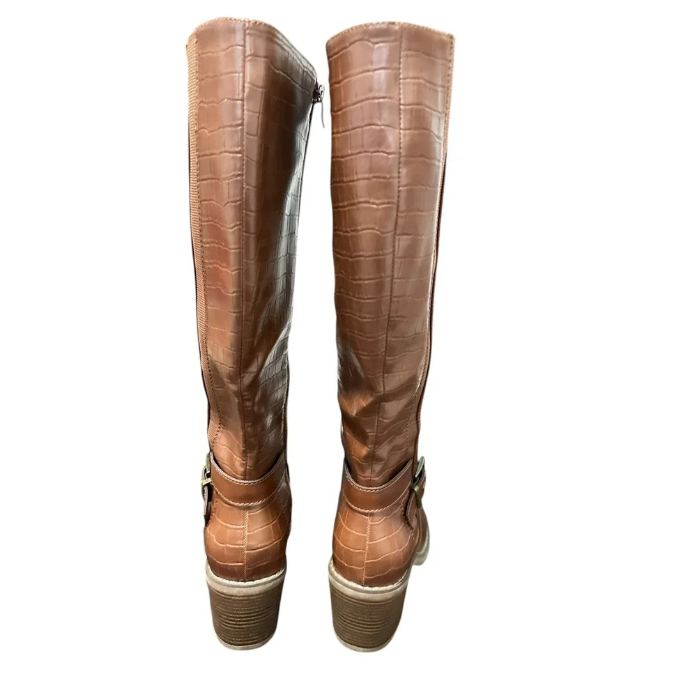 Brown Faux Leather Knee High‎ Boots Women's Buckle Detail Crocodile Embossed